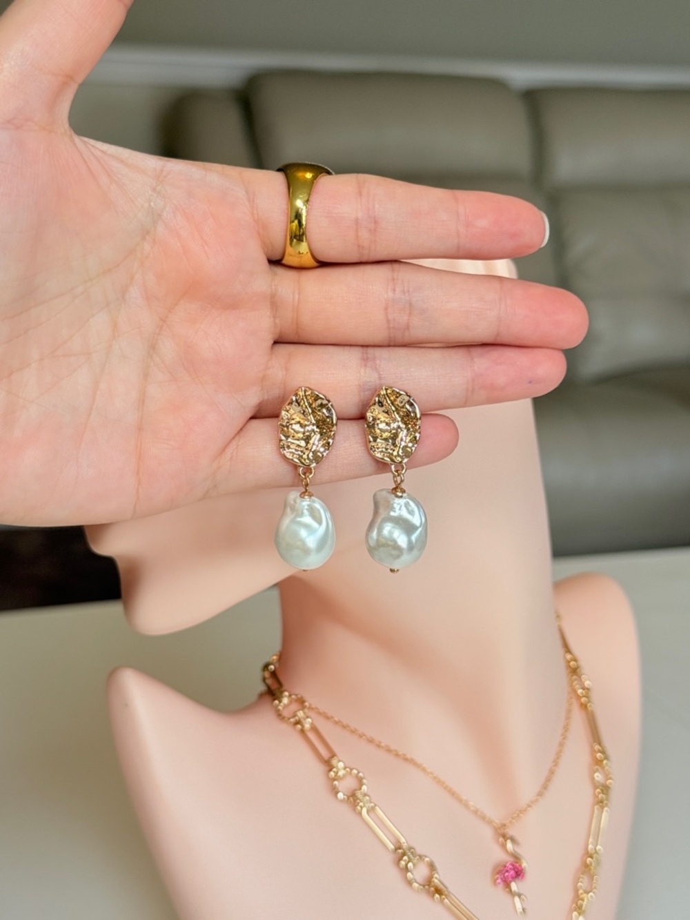 Gold-Tone Drop Pearl Earrings with Blue Pearl - Picture 9 of 10